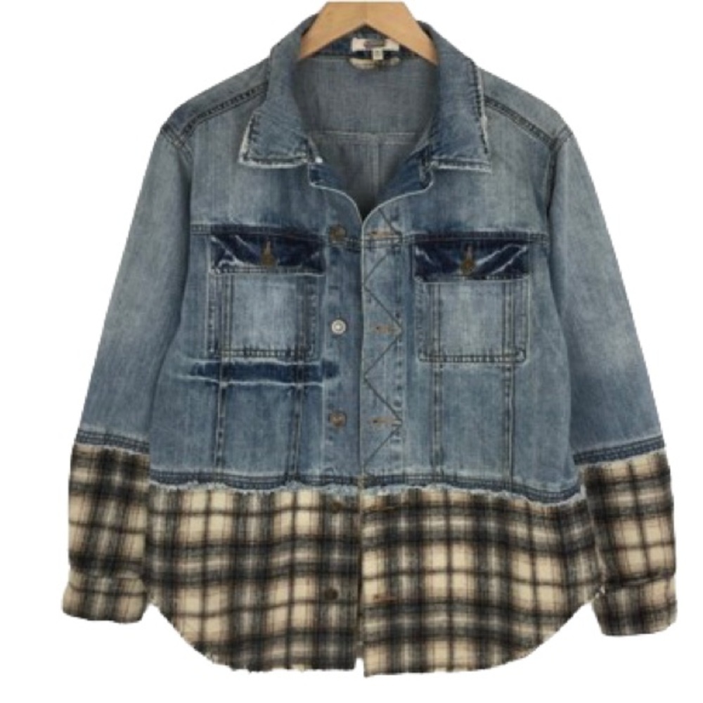 Denim Shacket Mixed Media Plaid Wool Flannel Button Up Shirt Jacket By Gimmicks